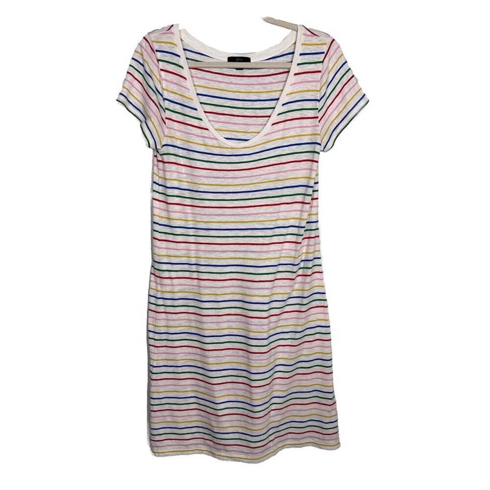 J Crew M Rainbow Stripe White Scoopneck T-shirt Dress Casual Summer Pride